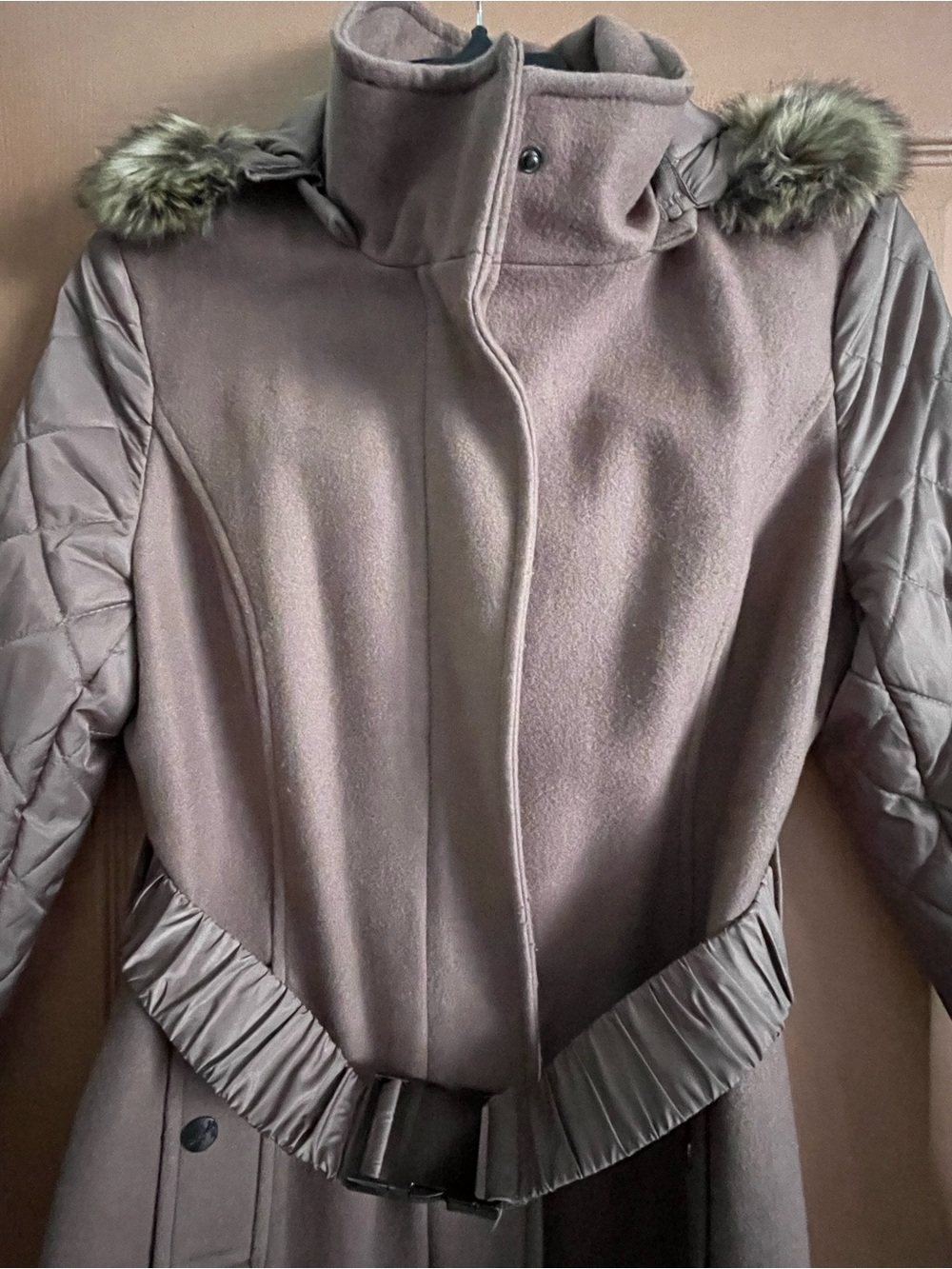 Kenneth Cole New York Taupe Quilted-Sleeve Trench Coat with Faux Fur Trim - Picture 5 of 10
